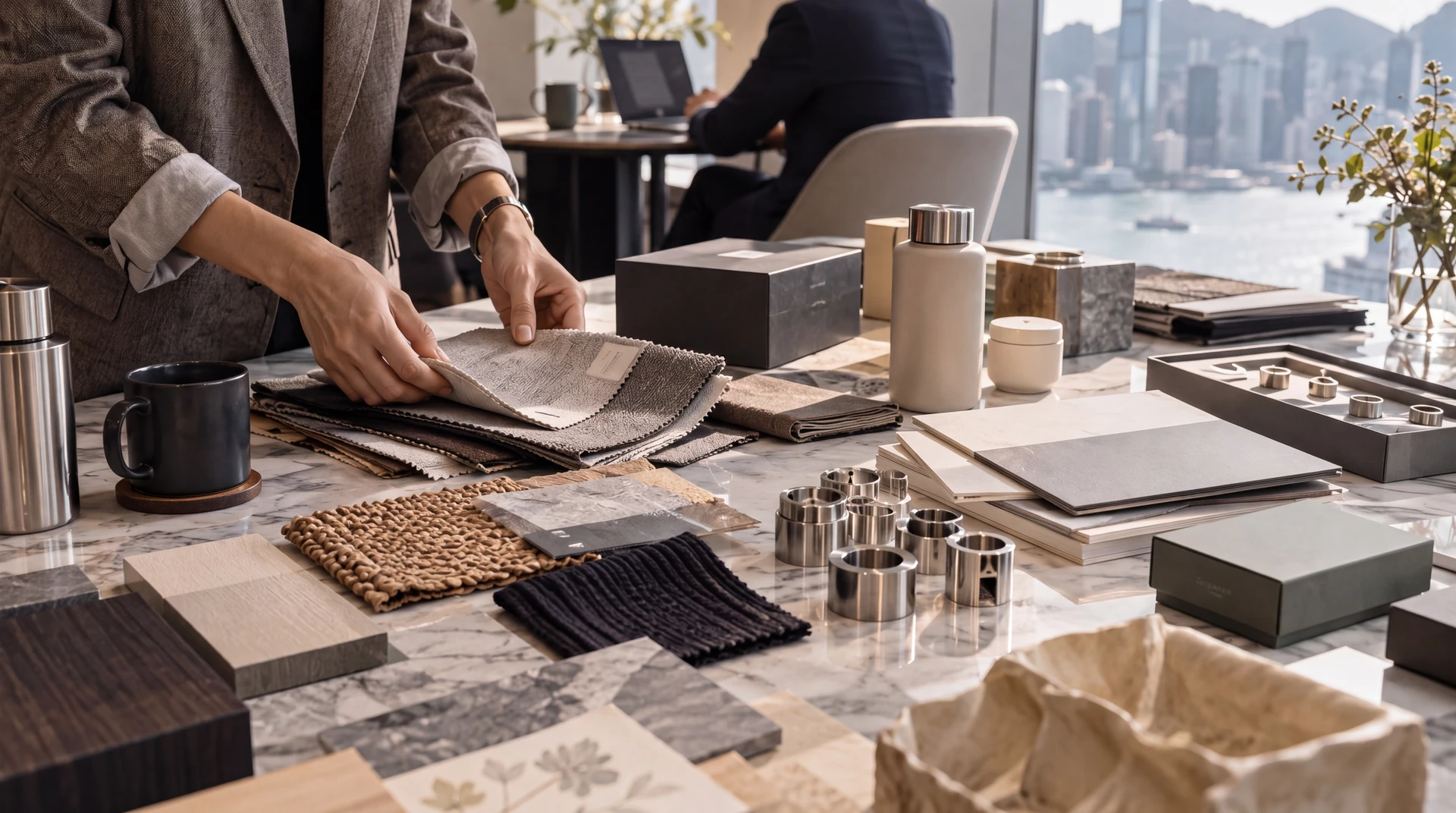 Product materials, packaging samples and design work across a studio table