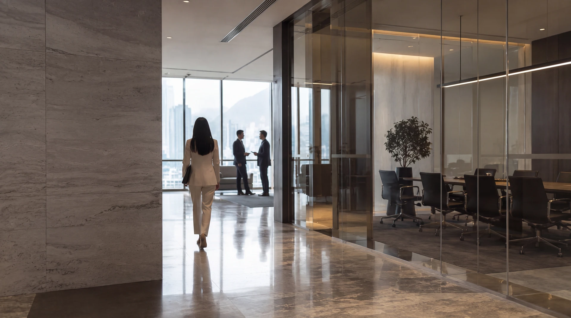A modern office interior with a glass meeting room
