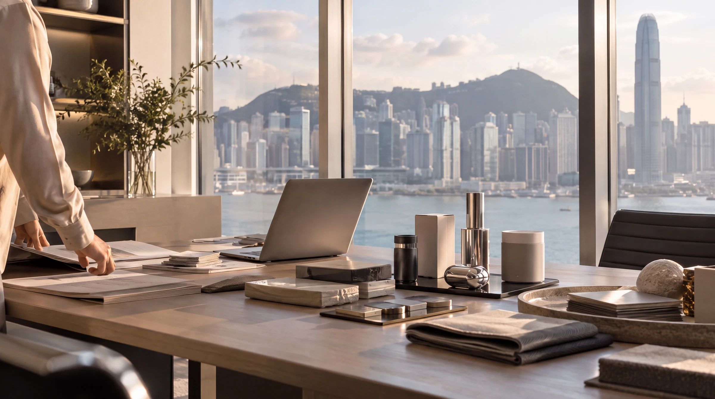 A product development workspace overlooking Victoria Harbour