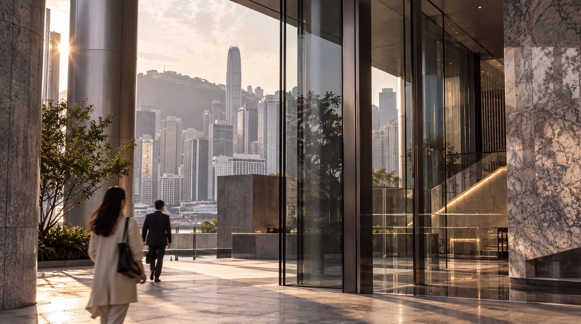 A Hong Kong city arcade looking toward the skyline at dusk